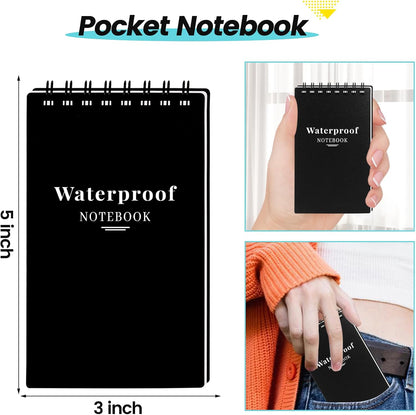 wavamawa 6 Pack Waterproof Notebook, 3x5 Pocket Notepad, Small Top Spiral Stone-Paper Notepad, Mini Pocket Notebook, Little Memo Note Pads for Outdoor, Office, School, Travel (Black)