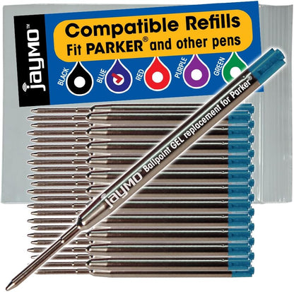 Jaymo Replacement for Parker 30525PP/30526PP and Bastion - Measures 3.875 in / 98 mm Long - G2 Gel Ballpoint Pen Refill - 2 Black + 2 Blue + Red + Purple