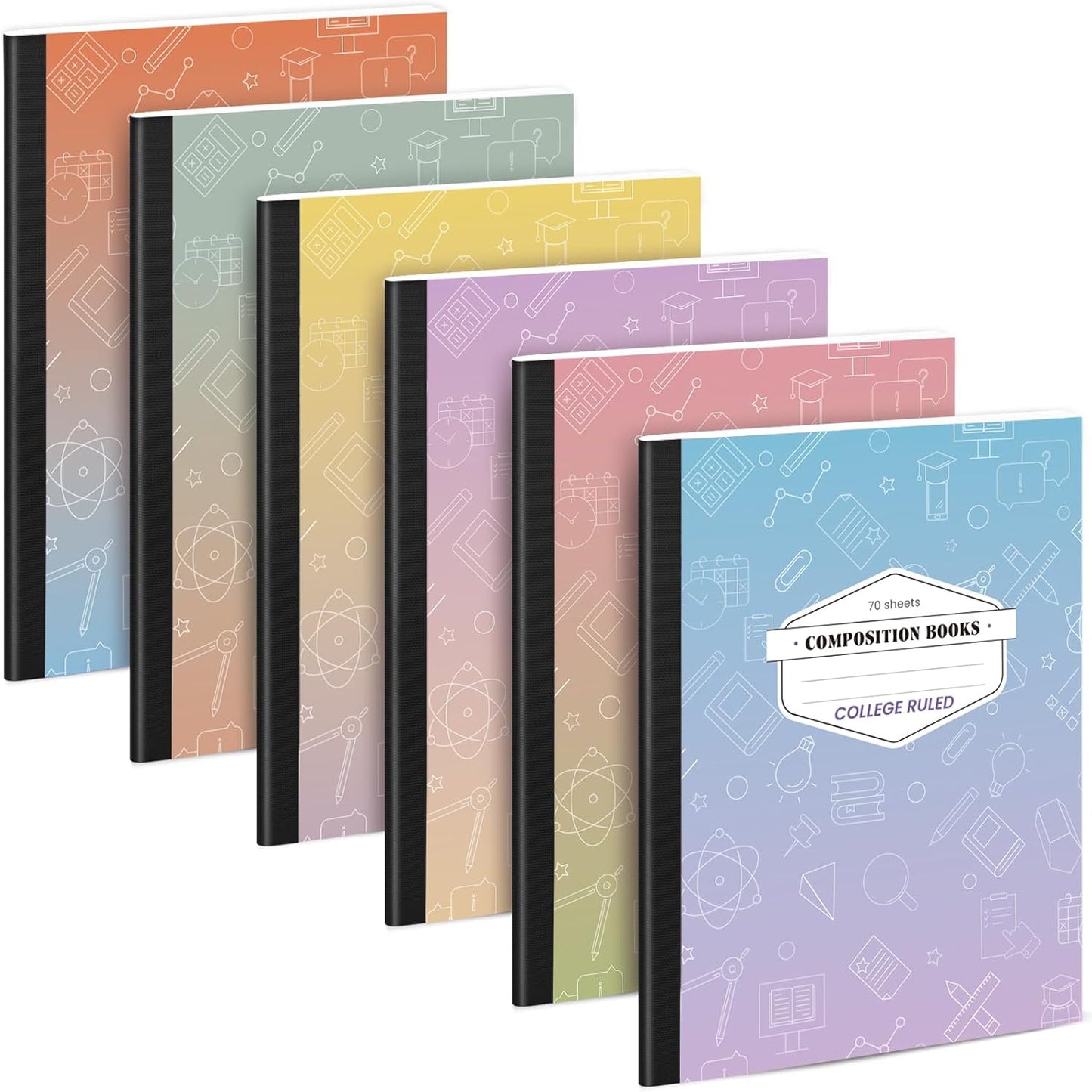 Oucaru Composition Notebook 6 Pack College Ruled, Gradient Cover Notebooks for School, 70 Sheets 7-1/2"x9-3/4, Back to School Supplies Journal for K-12 Students
