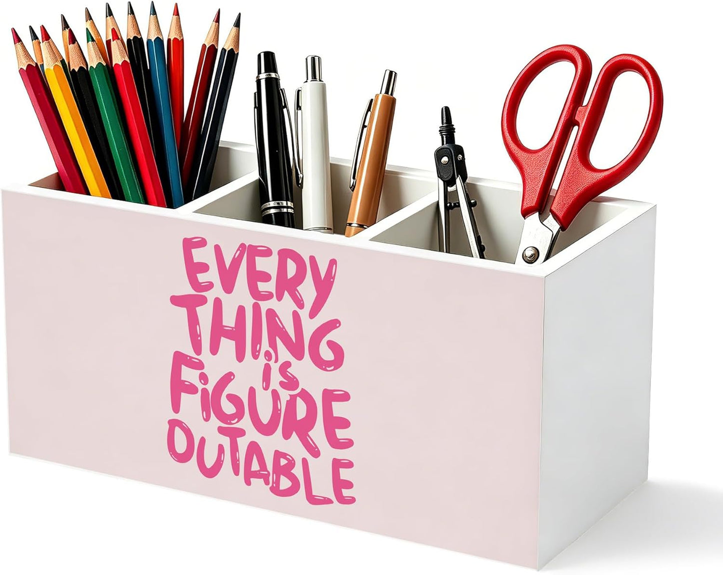 Don't Overthink It Inspirational Pencil Pen Holder for Desk, Pink Positive Affirmations Wooden Box Sign Pen Holder Organizer for Home Office School Desk Accessories
