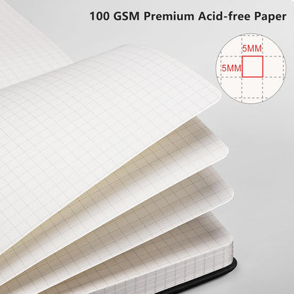 RETTACY Graph Grid Paper Notebook, 192 Pages, A5 Medium Size (5.7'' x 8.3''), 5 Squares per Inch, Leather Hardcover, 100 GSM Thick Paper, for School, Students, Math, Engineering (Brown)