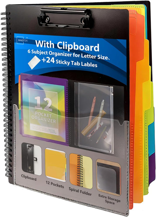 Binditek Plastic Clipboard Folio Folders, 6-Color Dividers with 1/6-Cut Tabs, 12-Pocket Project Organizer, Inner Zipper Pouch, Hardcover Storage Clipboard, Letter-Size, with Sticky Tab Lables, 1 Pack