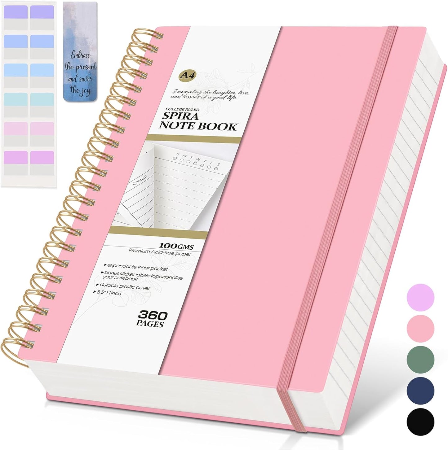 MUAHLIUB Spiral Notebook Journal College Ruled, 360 Pages Lined Thick Journals for Women Men, B5 Big Notebooks with 100GSM Paper, Spiral Bound Journaling for Writing Work School Black 7.6"×10"