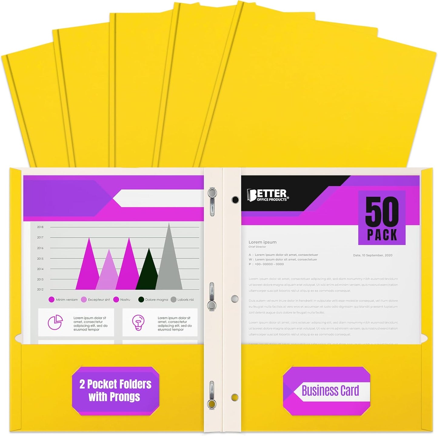 Better Office Products Blue Paper 2 Pocket Folders with Prongs, 50 Pack, Matte Texture, Letter Size Paper Folders, 50 Pack, with 3 Metal Prong Fastener Clips, Blue
