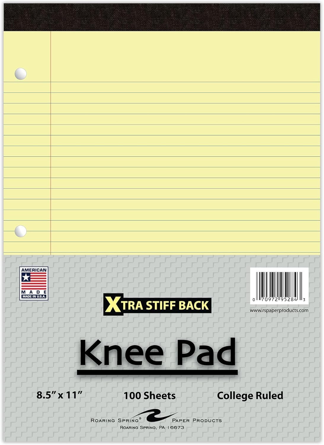 Roaring Spring Knee Pad College Ruled Extra Stiff Back Legal Writing Pad, 3 Hole Punched, 8.5 x "11.75" 100 Sheets, White