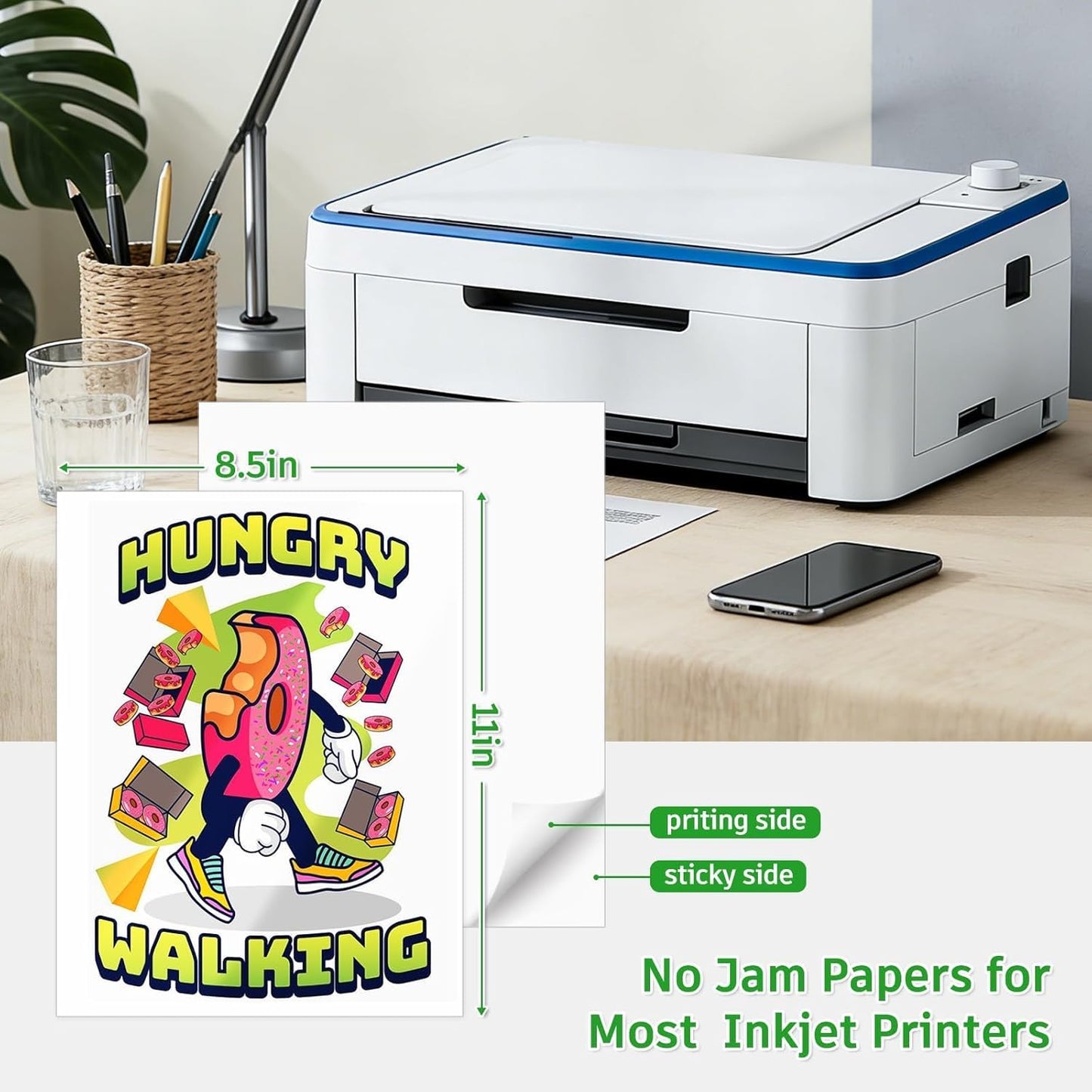 Printable Vinyl Sticker Paper for Inkjet and Laser Printer - Glossy White - 21 Waterproof Decal Paper Self-Adhesive Sheets 8.5"x11"- Dries Quickly and Holds Ink Beautifully