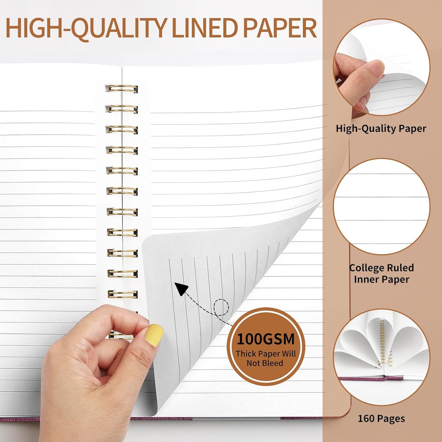 A5 Top Spiral Notebook – Hardcover Journal 160 Pages 100 GSM Thick Paper With Elastic Band & Pen Holder Steno Pads College Ruled Writing Notebooks for Work School Travel Pink