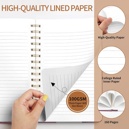 A5 Top Spiral Notebook – Hardcover Journal 160 Pages 100 GSM Thick Paper With Elastic Band & Pen Holder Steno Pads College Ruled Writing Notebooks for Work School Travel Pink