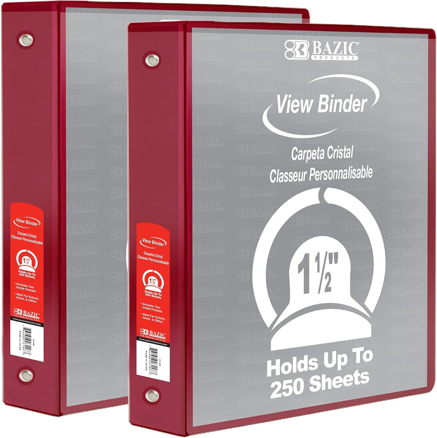BAZIC Products 3 Ring Binder - Burgundy, Economy View Binder with Clear Overlay Cover and Round Rings, Organizer for School Office Home Use, 1.5-inch Capacity Holds 280 Sheets Paper, 1-Pack
