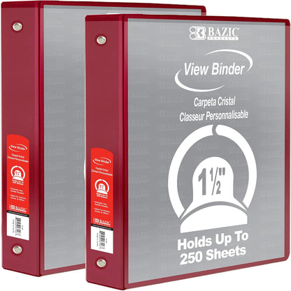 BAZIC Products 3 Ring Binder - Burgundy, Economy View Binder with Clear Overlay Cover and Round Rings, Organizer for School Office Home Use, 1.5-inch Capacity Holds 280 Sheets Paper, 1-Pack