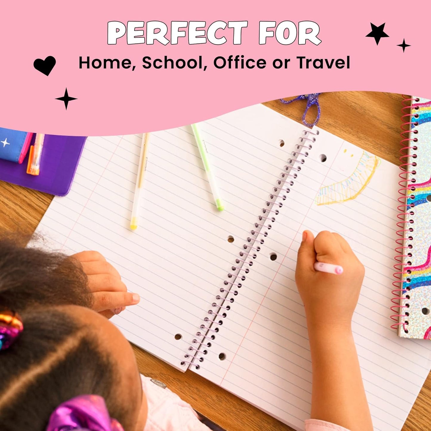 Yoobi College Ruled 8 x 10.5” Spiral Notebook Set – 3-Pack of 1 Subject Notebooks, Pink, Purple & Black Celestial Patterns – 150 Perforated 3-Hole Punched Sheets