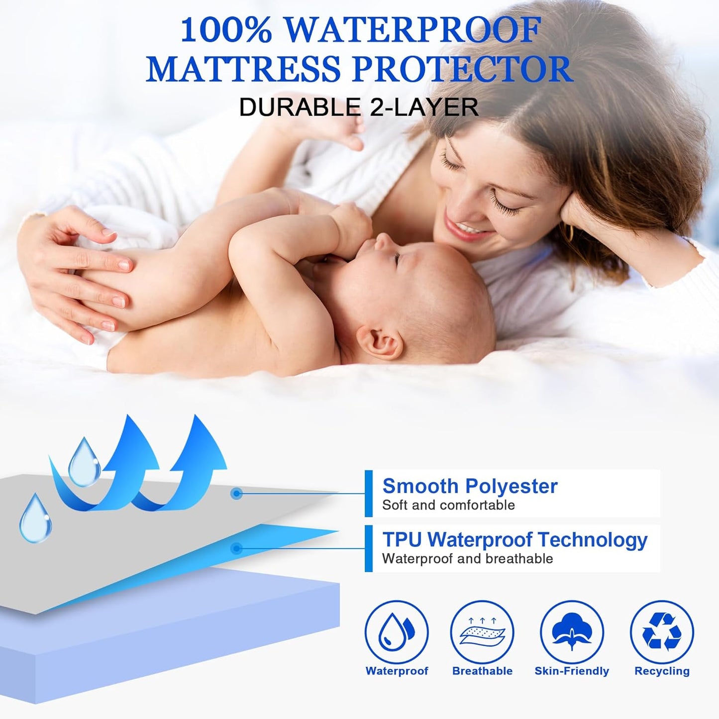 Sufdari Mattress Protector,Waterproof 18" Deep Pocket Mattress Cover Fitted Sheet Style with Elastic Rubber Band,Washable and Easy Care-Black,Queen