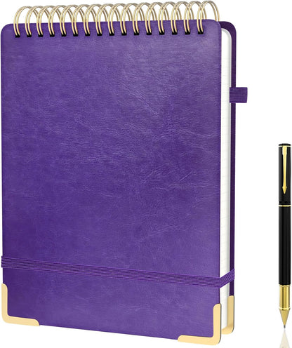 A5 Top Spiral Notebook, Large Leather Hardcover Top Bound Steno Pads, 240 Pages 100 gsm Thick Lined Paper Left Handed Notebook Journal for Work, School, Meeting Writing - Brown, 5.9" x 8.5"