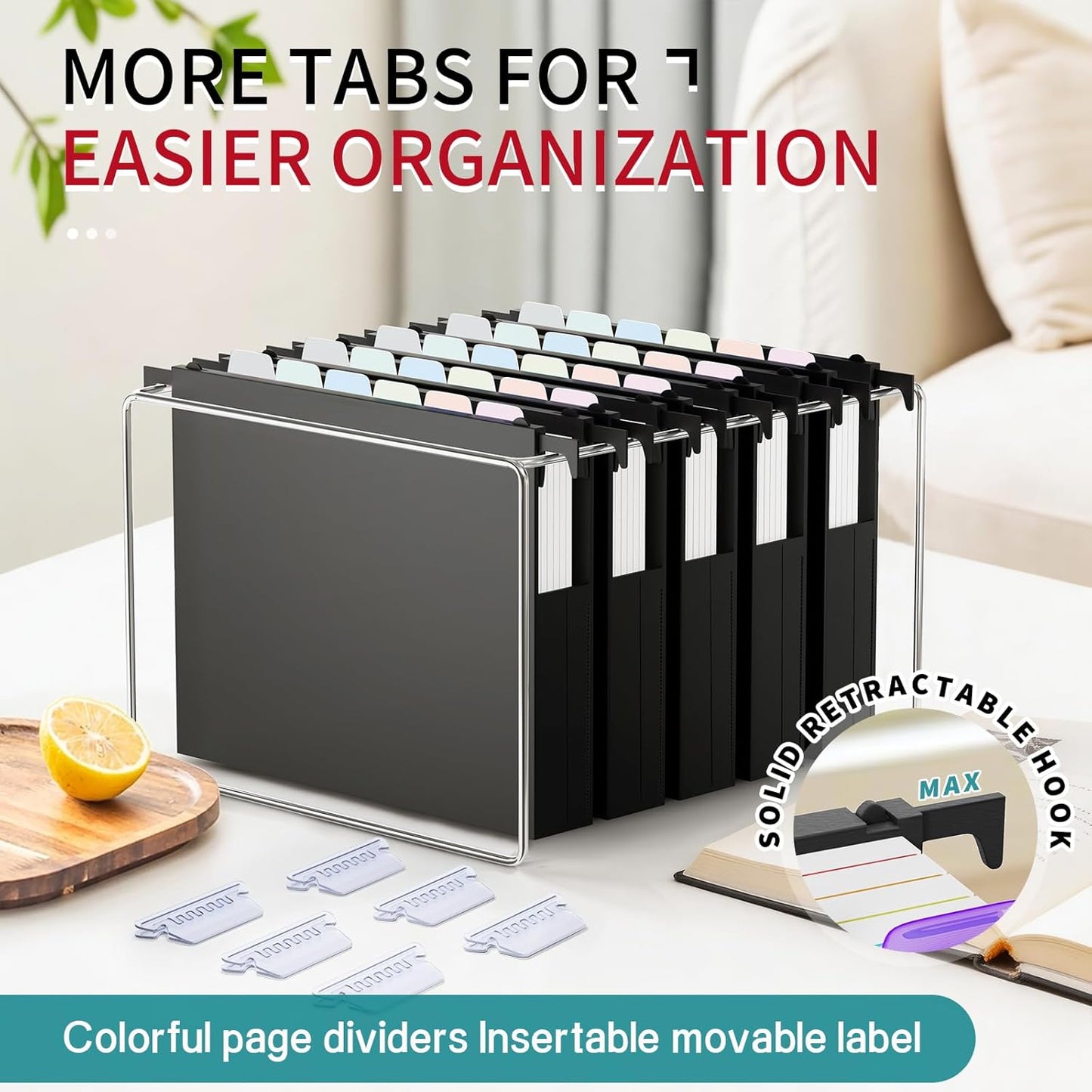 Uquelic Plastic Hanging File Folders Letter Size, 12 Pack Reinforced Heavy Duty Hang Folder with Movable Bright Dividers, Adjustable Tabs, 2" File Organizer for Filing Cabinet, School, Office