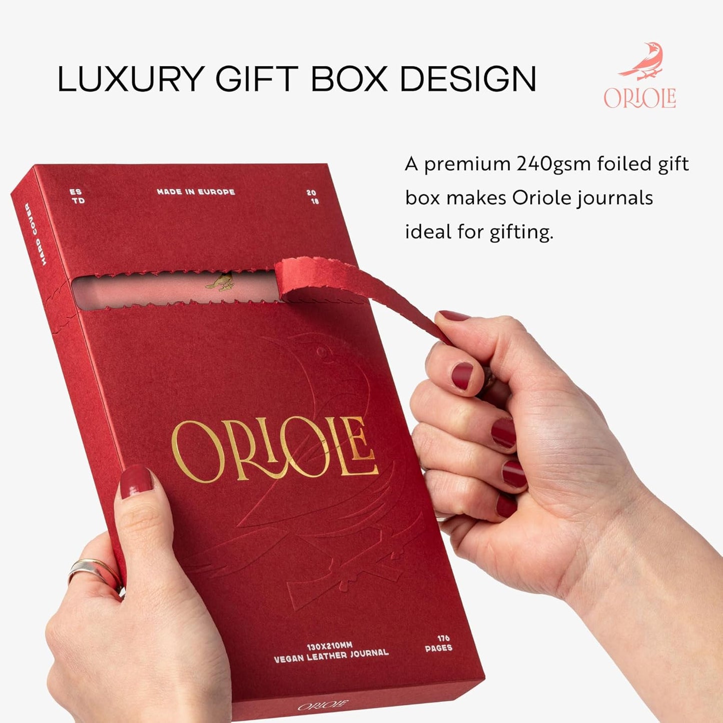 Oriole Vegan Leather Ruled Notebook - Chestnut Brown | 176 Pages of Thick Lined Paper | Soft Touch Hardcover Journal (5 x 8 in) with Gold Foil Bird Design & Luxury Gift Box