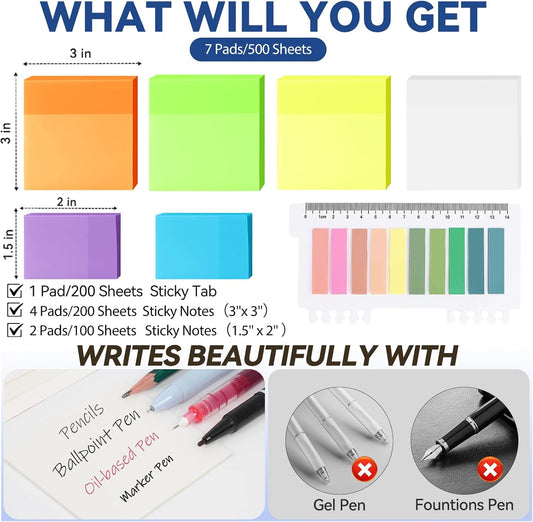 6 Pads Transparent Sticky Notes with Sticky Tabs, Tecolu 3x3 inch Clear Sticky Notes【Waterproof, 5X Adhesive Strength】, See-Through Translucent Sticky Notes for School Office Bible Study Supplies