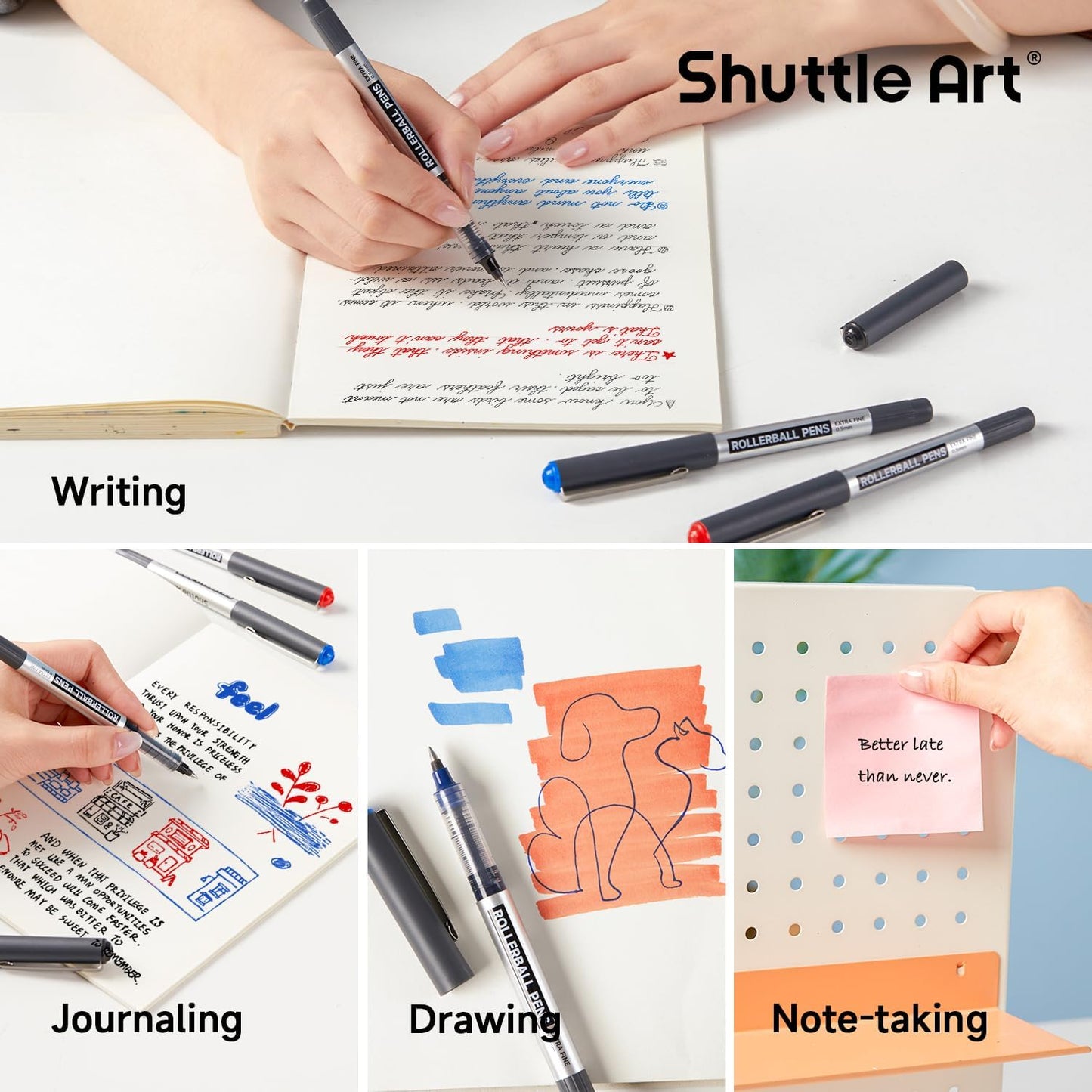 Shuttle Art RollerBall Pens, 25 Pack Black Fine Point Roller Ball Pens, 0.5mm Liquid Ink Pens for Writing Journaling Taking Notes School Office