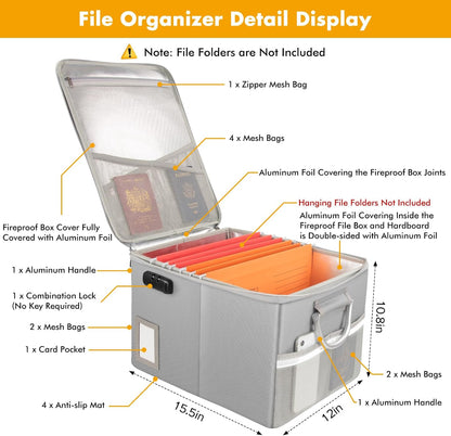 TOMKID Fireproof Document Box, Fireproof File Box with Lids, Important Document Organizer Box with Lock, Portable File Folder Organizer with Handle