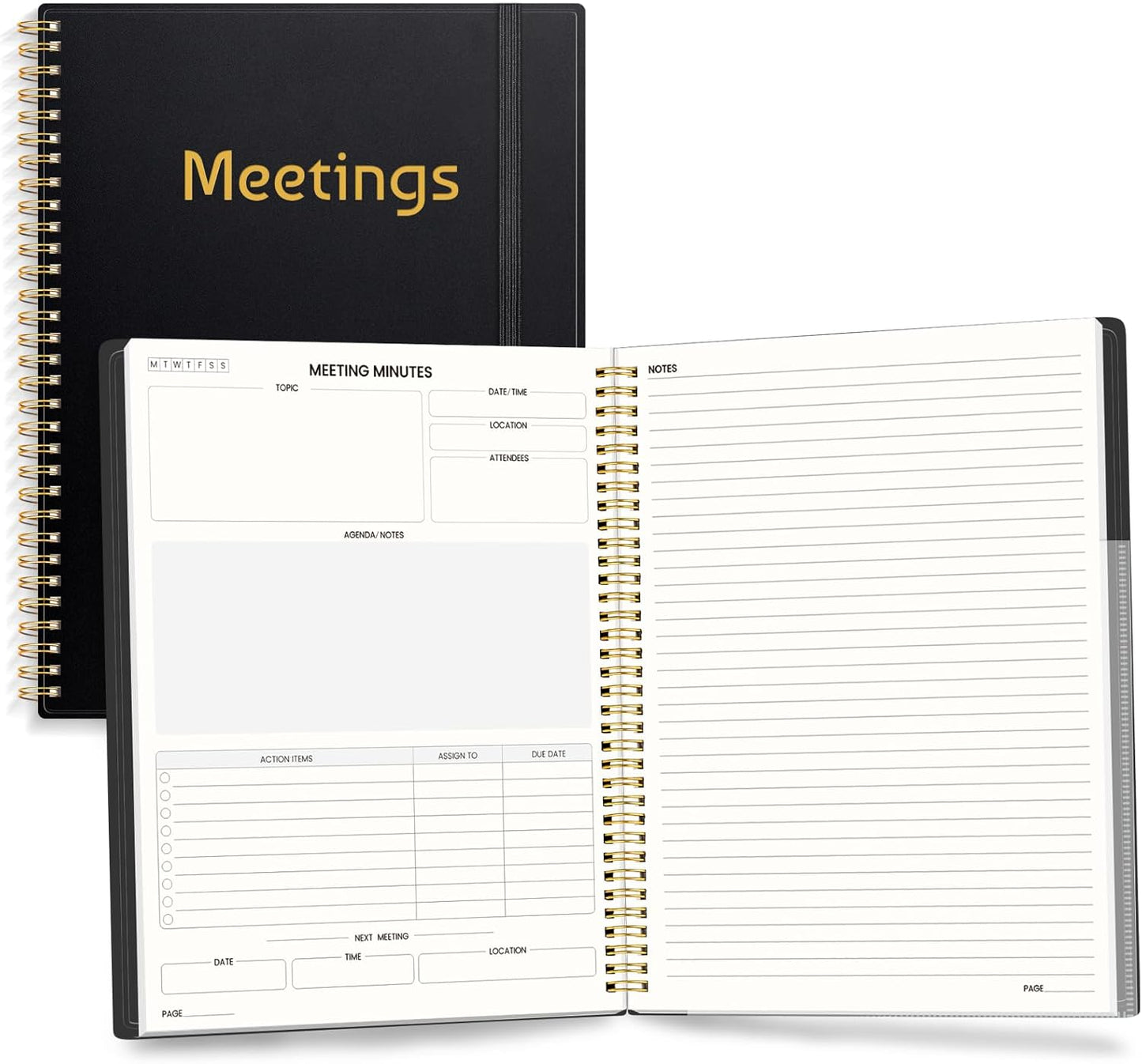 SUNEE Half Meeting Half Note 7"x10" Notebook for Work – 140 Pages, B5 Size Project Planner for Women&Men, Minutes Organizer for Meeting Notes, Ideas for Office/Business, PVC Waterproof Cover, Black