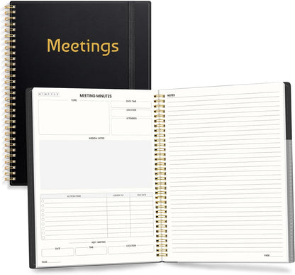 SUNEE Half Meeting Half Note 7"x10" Notebook for Work – 140 Pages, B5 Size Project Planner for Women&Men, Minutes Organizer for Meeting Notes, Ideas for Office/Business, PVC Waterproof Cover, Black