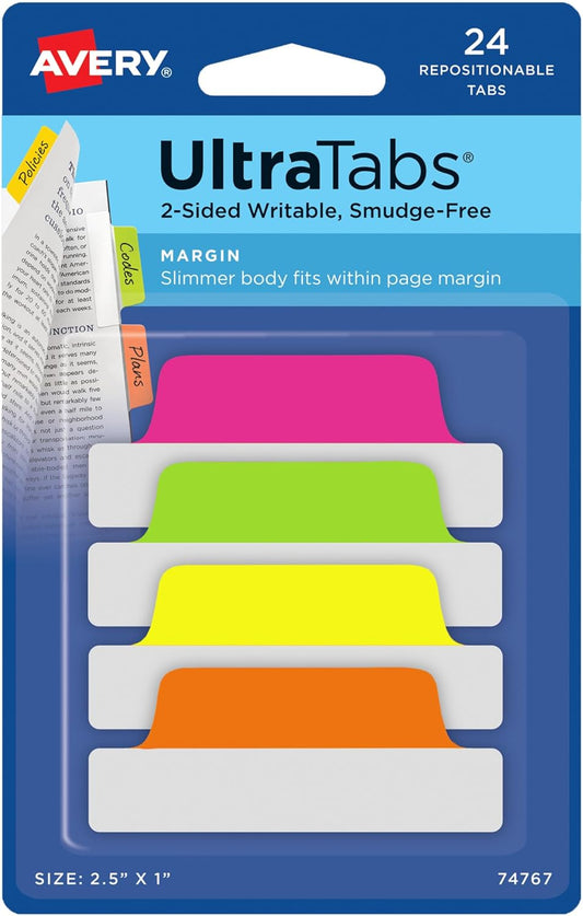 Avery Margin Ultra Tabs, 2.5" x 1", 2-Side Writable, Assorted Colors, 24 Repositionable Page Tabs (74768)