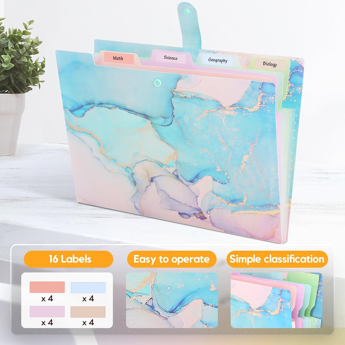 Expanding File Folder, Aesthetic Folders for School, Accordion File Organizer, Aesthetic Folder with Labels,5 Pockets Important Document Folders for School Office Home(Cyan Gold)