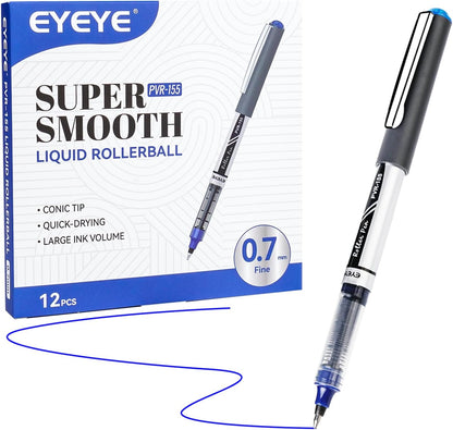 EYEYE Black Rollerball Pens 12 Pack, 0.7mm Medium Point Roller Ball Pen Quick Dry, Liquid Ink Pens Fine Point Smooth Writing Pen for Journaling, Note Taking, Office, School Supplies