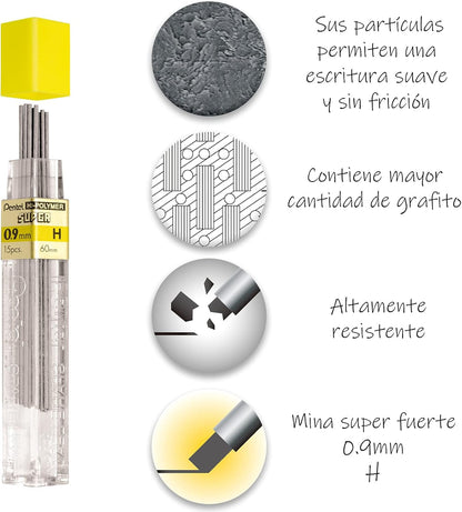 Pentel Super Hi-Polymer Lead Refill, (0.9mm) Thick, 2B, 180 Pieces of Lead, 12 Tubes of Lead (50-9-2B)