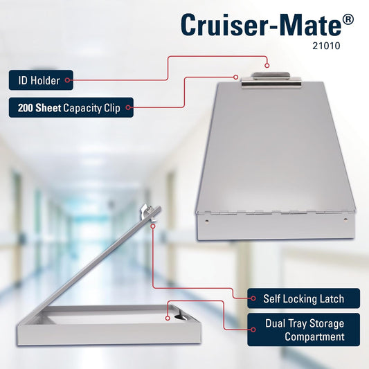 Saunders Cruiser Mate Metal Clipboard with Storage, Dual Tray Aluminum Nursing Folio, Heavy Duty Form Holder for Police & Work, Letter Size Privacy Box with Self-Locking Latch, Silver