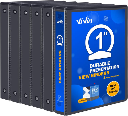 3 Ring Binder 1-1/2 Inch, ViVin Sturdy 1.5"-Round Ring Binder with 2 Interior Pockets, Clear View Cover, PVC-Free, Fits 300 Sheets of 8.5'' x 11'' Paper, Office Home School (6 Pack, White)