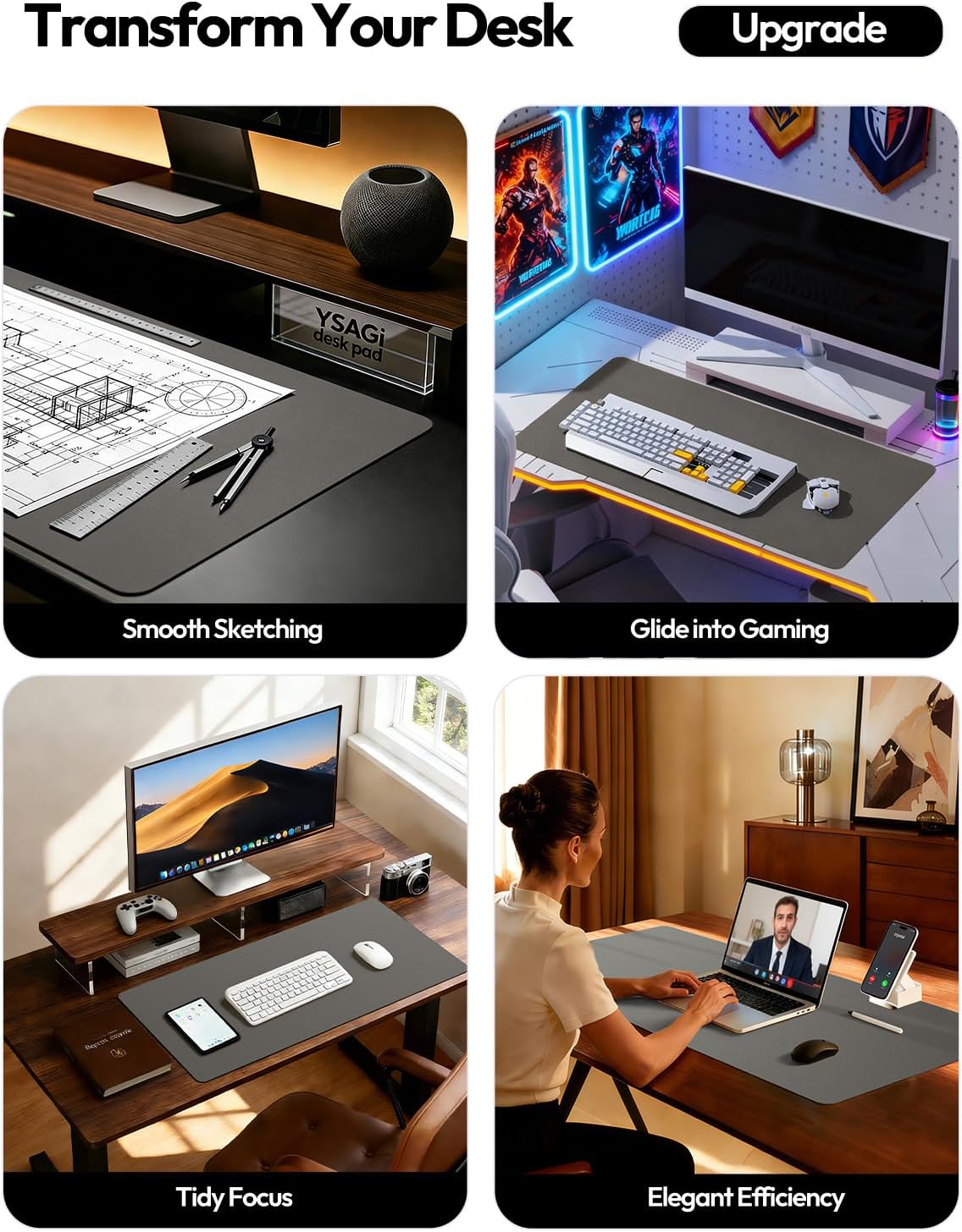 YSAGi Leather Office Desk Pad Protector, Large Mouse Pad, Non-Slip, PU Leather, Laptop Desk Blotter, Waterproof Writing Pad for Office and Home, Black, 23.6" x 13.8" - Colors B