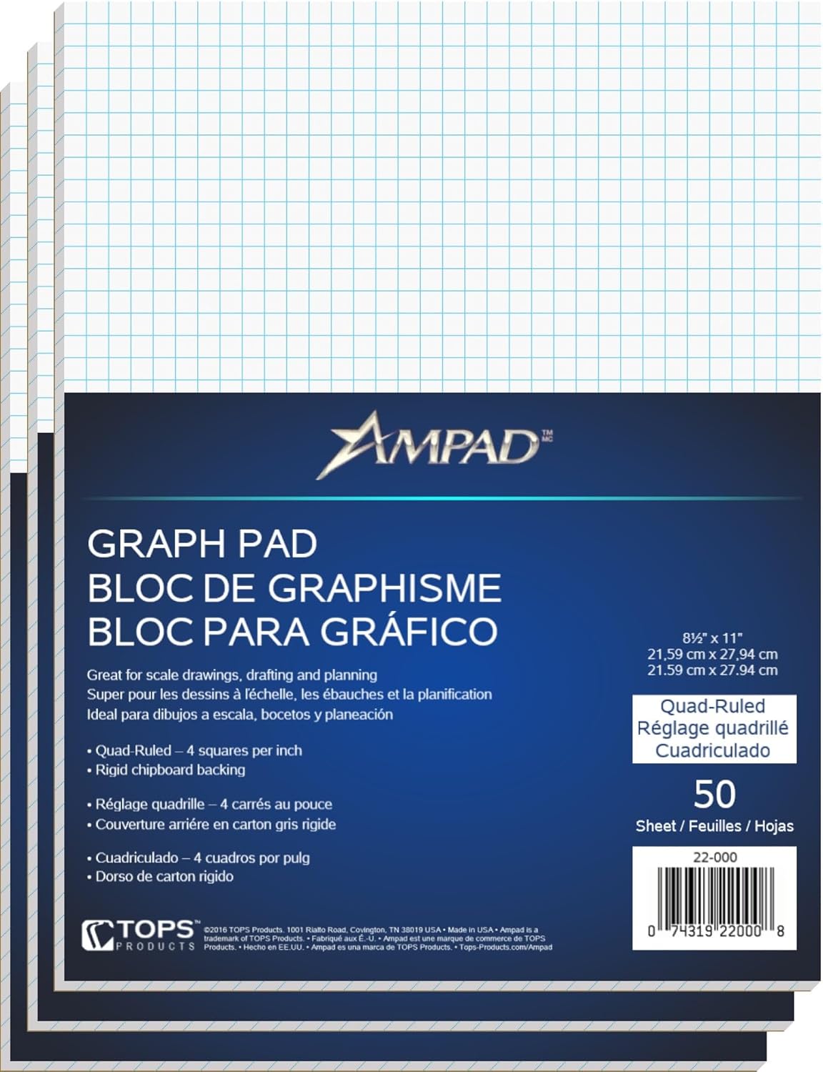 Ampad Evidence Quadrille Pad, Size 8-1/2 x 11, White Paper, 4x4 Quad Ruling, 20 Pound Premium Stock Paper, 50 Sheets Per Pad (22-000)