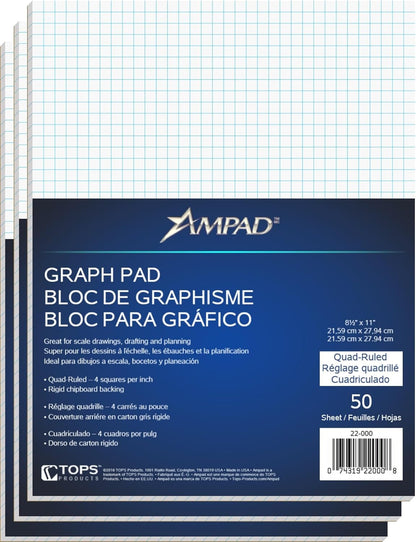 Ampad Evidence Quadrille Pad, Size 8-1/2 x 11, White Paper, 4x4 Quad Ruling, 20 Pound Premium Stock Paper, 50 Sheets Per Pad (22-000)