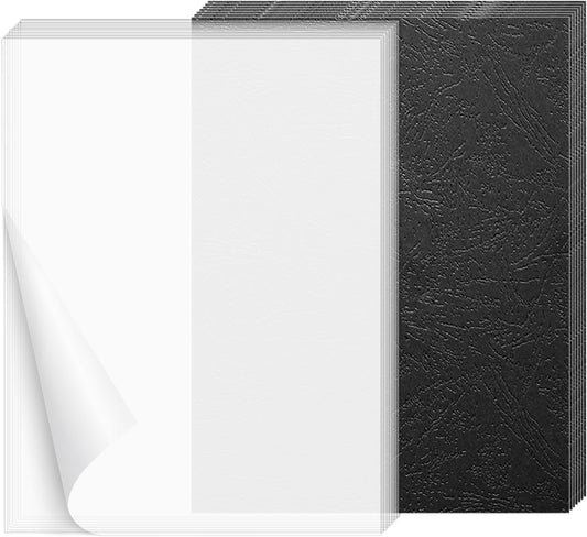 HOUYEE 120 Pack Binding Covers and Backs Set, 8.5x11 Inches, Including 60 Pcs 10 Mil Clear Binding Covers, 60 Pcs 12 Mil Black Plastic Sand Texture Polycovers, Letter Size