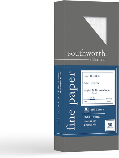 Southworth 25% Cotton #10 Envelopes, 4.125" x 9.5", 24 lb/90 GSM, Linen Finish, White, 50 Count - Packaging May Vary (P554-10)