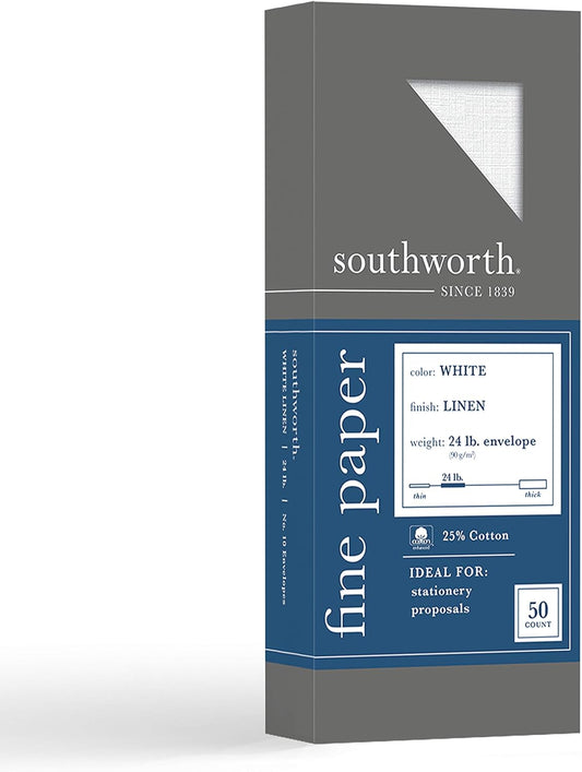 Southworth 25% Cotton #10 Envelopes, 4.125" x 9.5", 24 lb/90 GSM, Linen Finish, White, 50 Count - Packaging May Vary (P554-10)