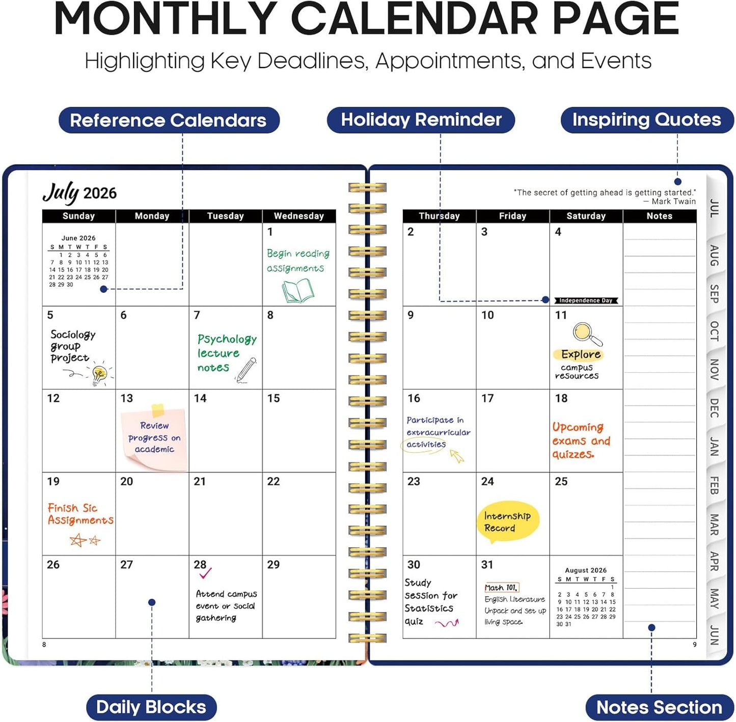 Planner 2026-2027, Academic Year Monthly and Weekly Calendar Planner, Jul 2026 - Jun 2027, Hardcover Teacher Student Planning Agenda book with Tabs, Perfect for School Office Supplies, 6.3" x 8.5" - Wildflowers