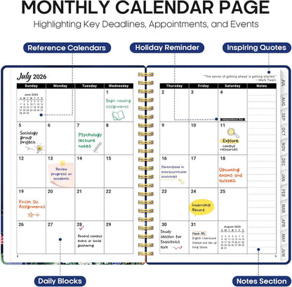 Planner 2026-2027, Academic Year Monthly and Weekly Calendar Planner, Jul 2026 - Jun 2027, Hardcover Teacher Student Planning Agenda book with Tabs, Perfect for School Office Supplies, 6.3" x 8.5" - Wildflowers