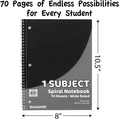 Trail maker Bulk Notebooks (50 Pack), One Subject Notebooks Wide Ruled, 140 Pages (70 Sheets),Spiral Bulk Notebooks for Kids, School Supplies, Journaling, Note Taking, Students, and Work