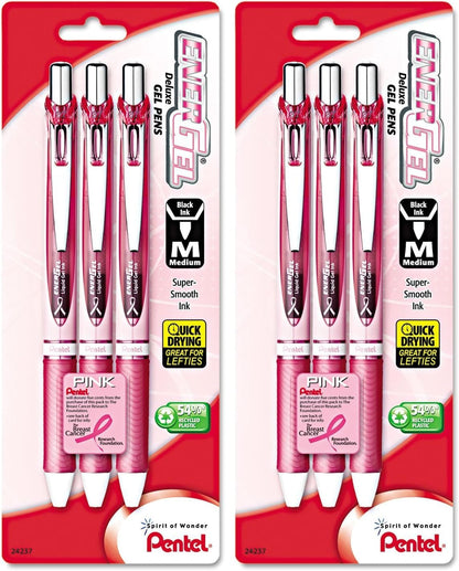 Pentel Pink BCA EnerGel Retractable Liquid Gel Pen, (0.7mm), Medium Line, Metal Tip, Pink Barrel, Black Ink, Pack of 3 (BL77PBP3A-BC)