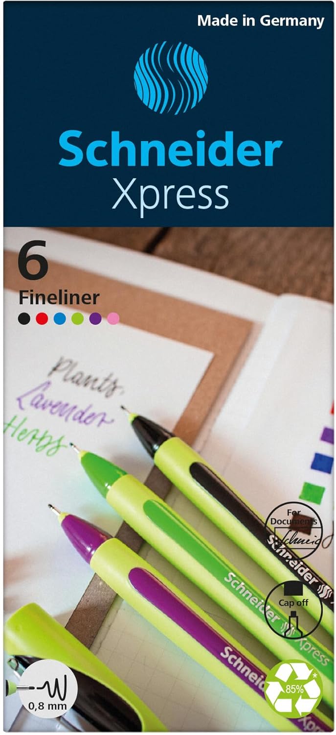Schneider Xpress Premium Fineliner, 0.8 mm Porous Point, Light Green Barrel, Blue Ink, Box of 10 Pens (190003)