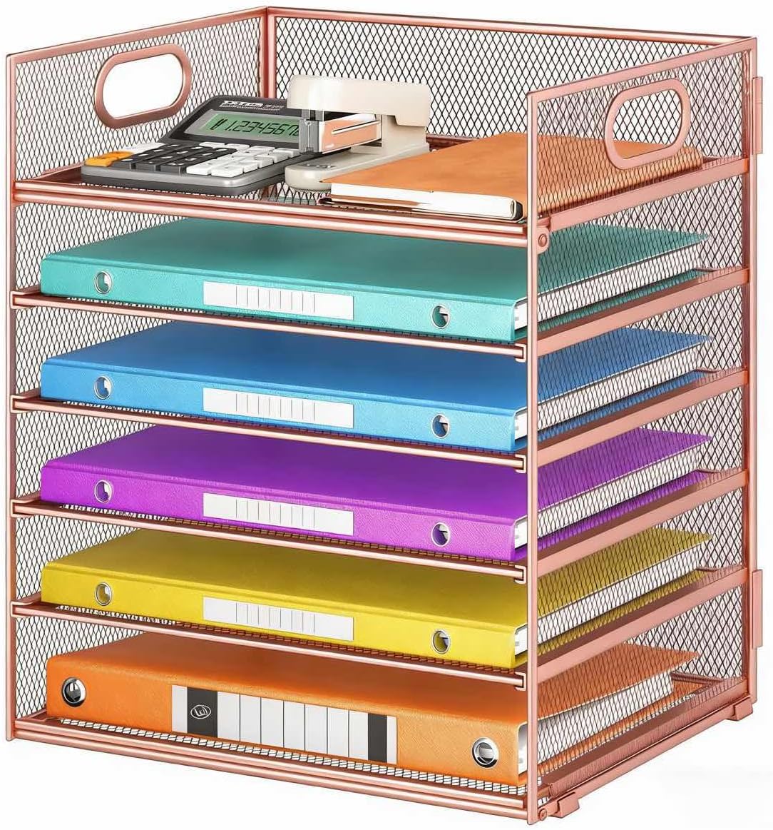 Lavatino 5 Tray Desk File Organizer, Black Mesh Paper Sorter Letter Tray Organizer with Handle, Desktop File Organizer and Storage for Letter/A4 Office File Folder