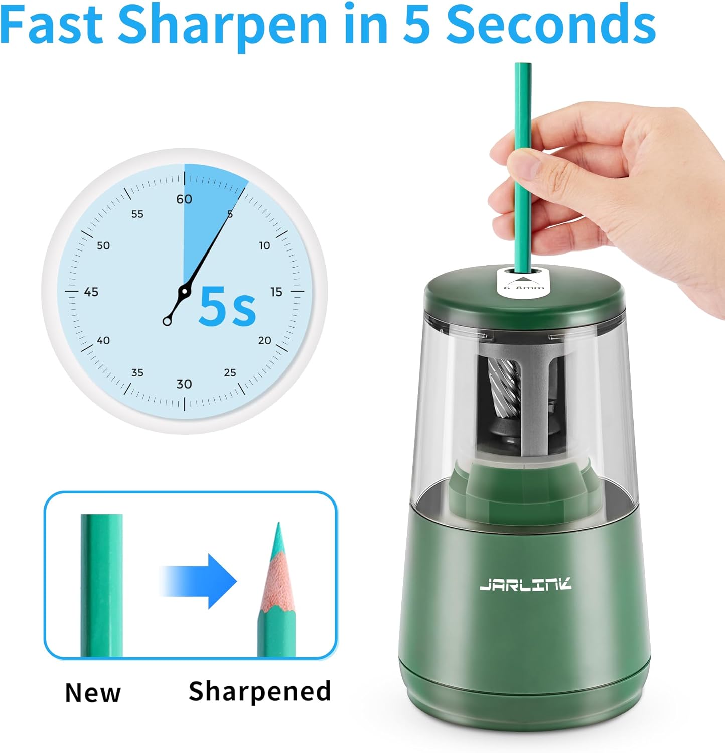 JARLINK Electric Pencil Sharpener, Heavy-Duty Helical Blade to Fast Sharpen, Auto Stop for No.2/Colored Pencils(6-8mm), AC Adapter/Battery Operated in School Classroom/Office/Home (Black)
