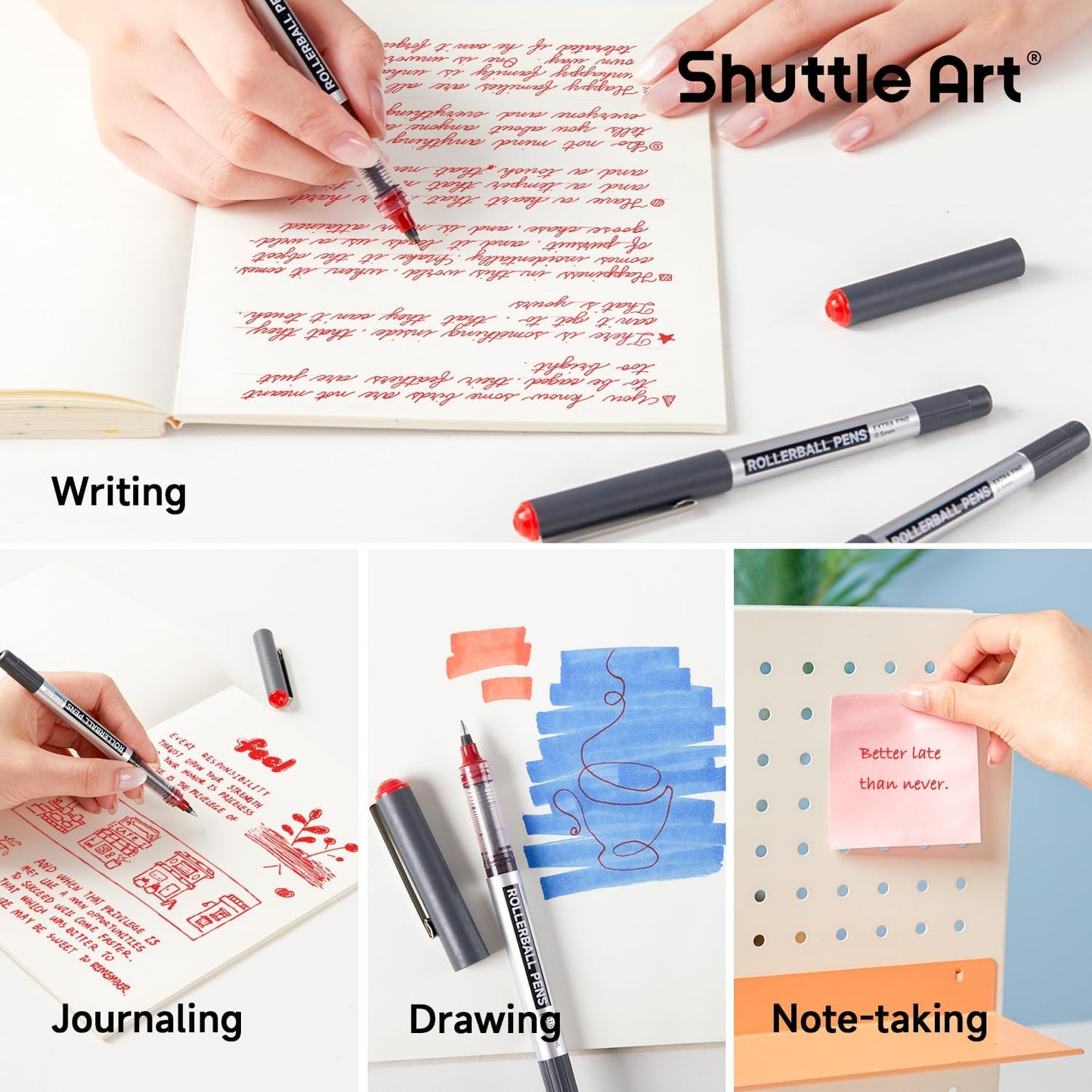 Shuttle Art RollerBall Pens, 25 Pack Black Fine Point Roller Ball Pens, 0.5mm Liquid Ink Pens for Writing Journaling Taking Notes School Office