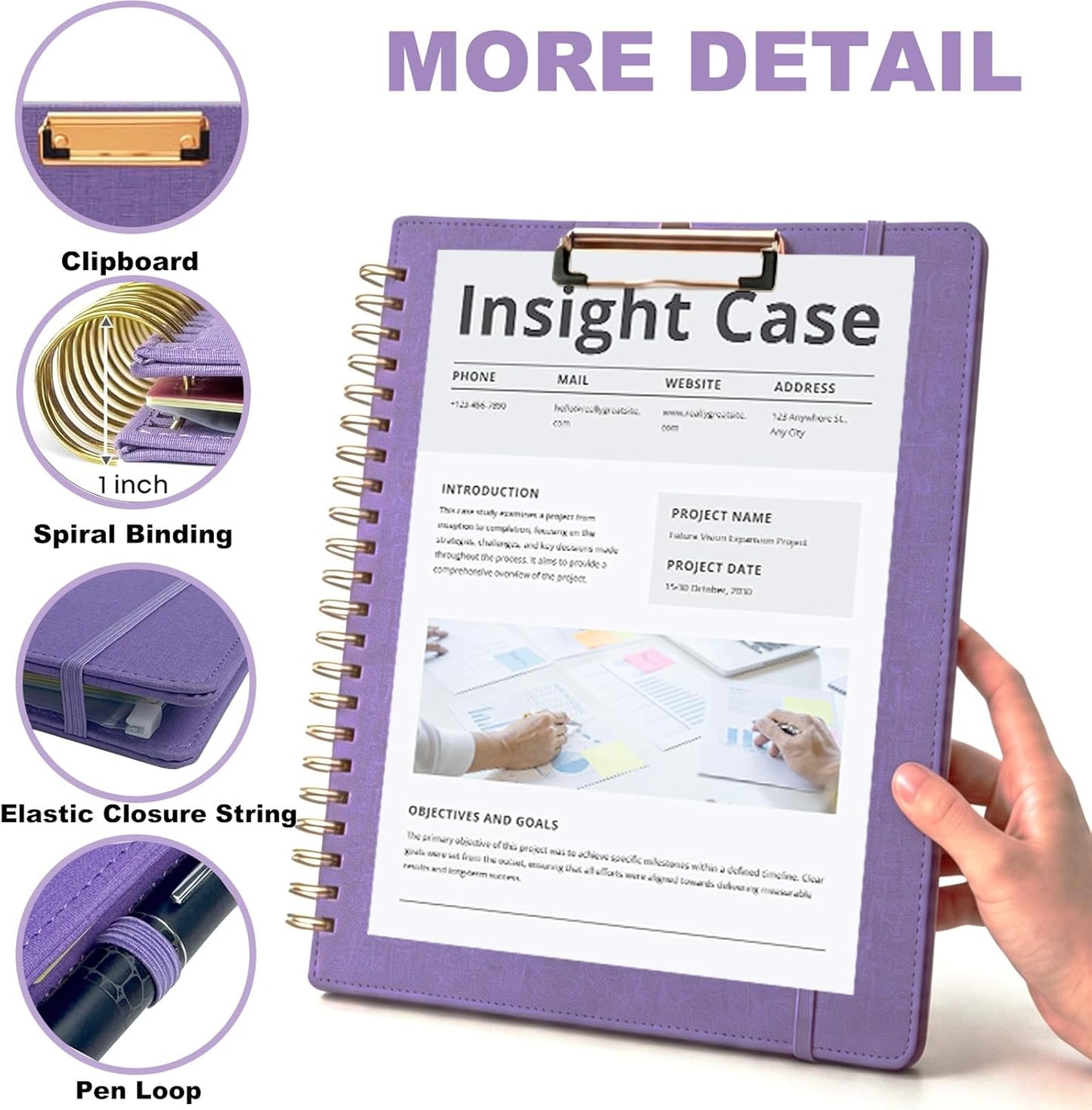 Grey Foldable Spiral Clipboard Folio with Storage Zipper Pouch, 5 Plastic Folders with Pockets,Refillable Lined Notepad (8.5" x 11"), Hardcover Project Organizer with 39 Stickers