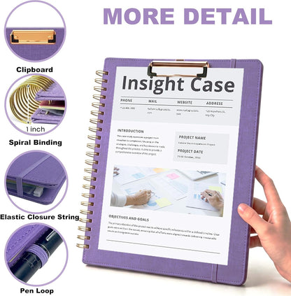 Grey Foldable Spiral Clipboard Folio with Storage Zipper Pouch, 5 Plastic Folders with Pockets,Refillable Lined Notepad (8.5" x 11"), Hardcover Project Organizer with 39 Stickers