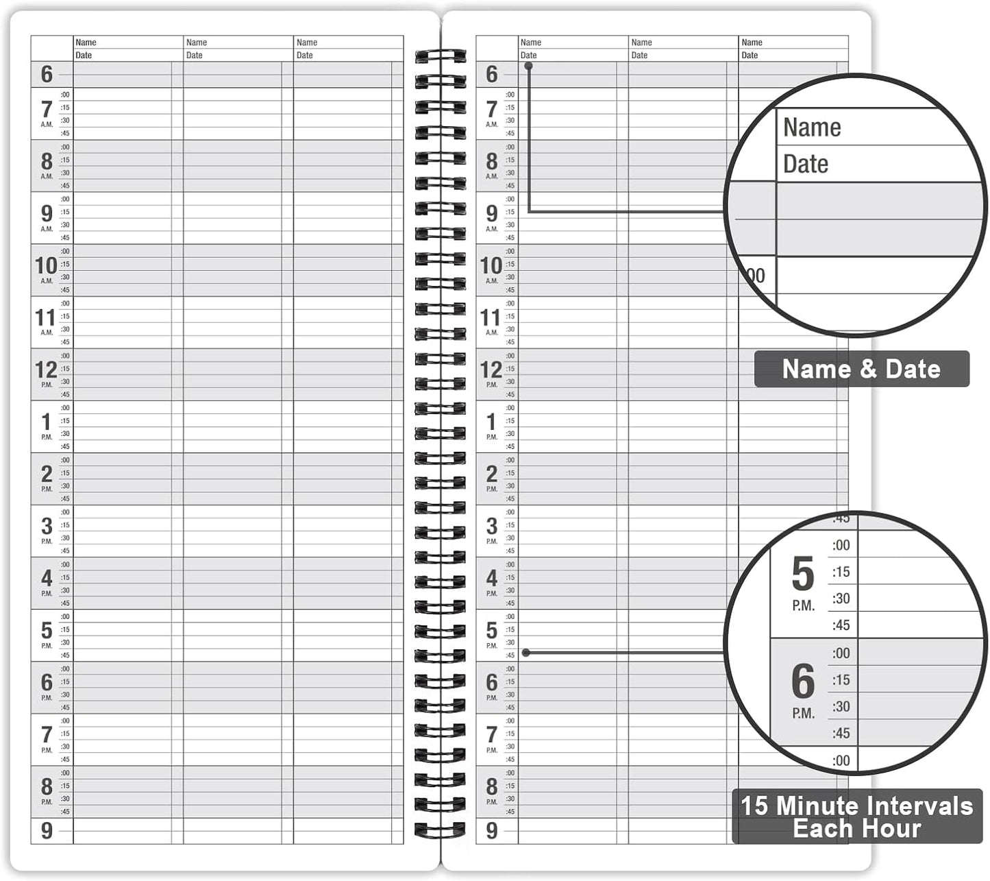 Appointment Book - Undated Salon Appointment Book, Daily & Hourly Schedule Book with 200 Pages, 6 AM - 9 PM, 15 Minute Intervals Day Planner, 6" x 11.5", 3 Column, Twin-Wire Binding, Hardcover