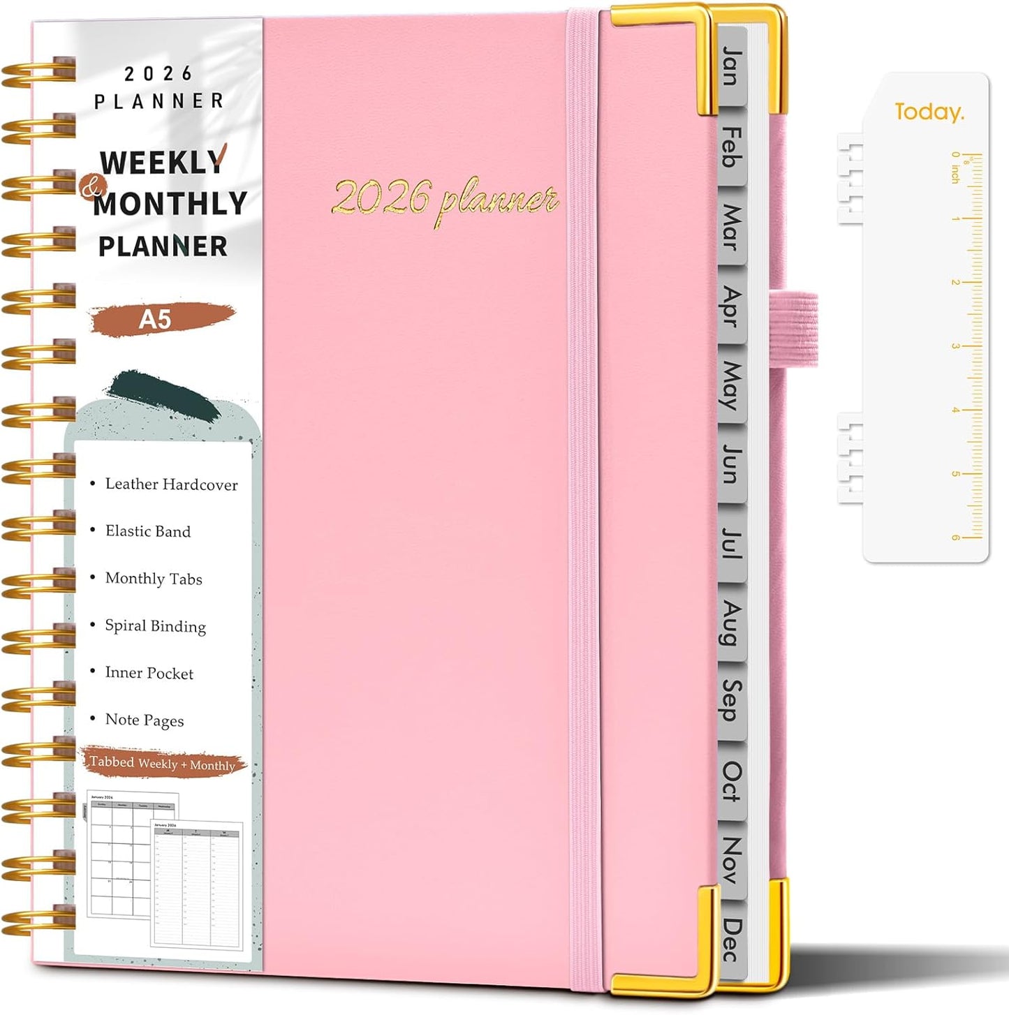 2026 Planner, Weekly and Monthly Calendar Planner from January 2026 - December 2026, 8.5" x 11" Hardcover Leather Hourly Appointment Book with Tabs, Spiral Daily Planners for School Work Home, Green