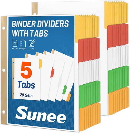 SUNEE Binder Dividers with Tabs for 3 Ring Binder, 8.5 x 11 Paper White Binder Dividers Blank with 5 Tabs, 20 Sets Page Dividers for School, Office and Home, 100 Dividers
