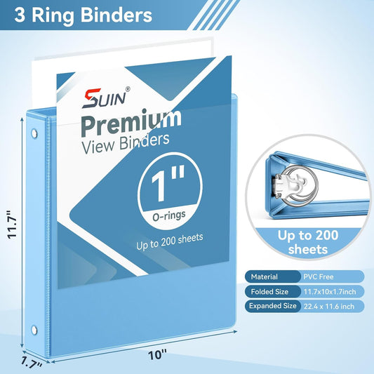 SUIN 1 Inch 3 Ring Binder, Clear 1'' View Presentation Binders with 2 Pockets, Fits 8.5 x 11 Letter Size, Durable Polypropylene, Non-Stick & PVC-Free for School, Office & Home (Orange)